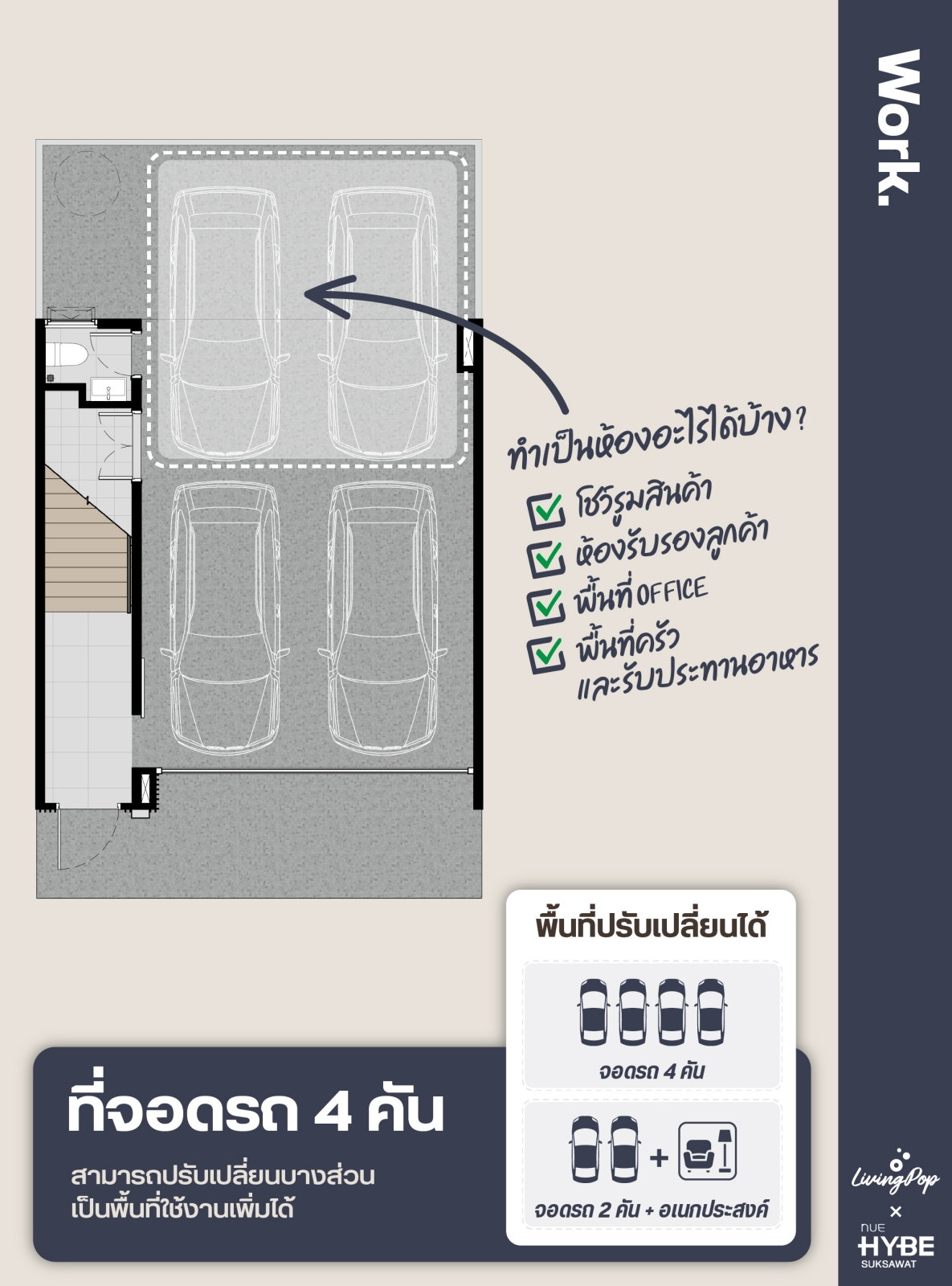 NUE Hybe สุขสวัสดิ์ จอดรถได้ 4 คัน ปรับพื้นที่ได้ตามการใช้งาน