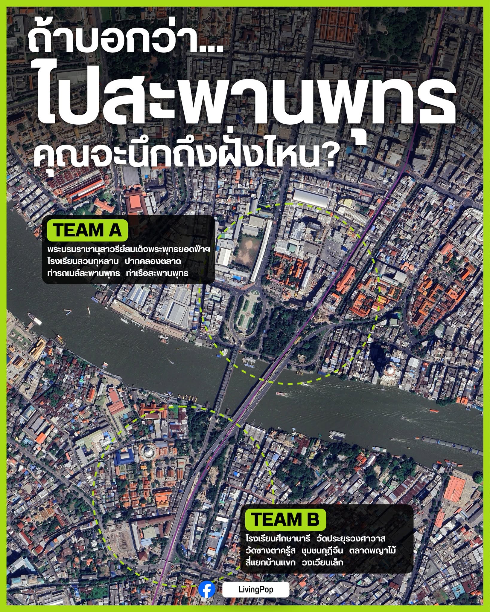 ถ้าบอกว่าไปสะพานพุทธ คุณจะนึกถึงฝั่งไหน TEAM A ฝั่งพระนคร ปากคลองตลาด TEAM B ฝั่งธนบุรี บ้านแขก วงเวียนเล็ก