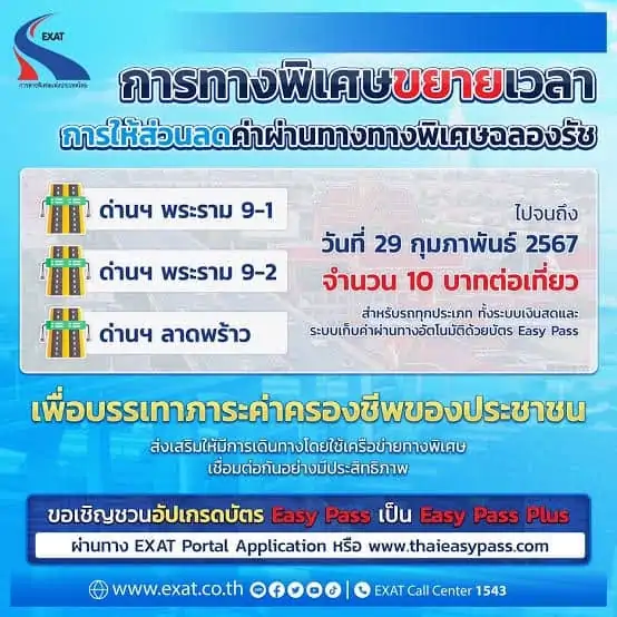การทางพิเศษขยายเวลาส่วนลดค่าผ่านทางพิเศษฉลองรัช ด่านพระราม 9-1 พระราม 9-2 ลาดพร้าว 10 บาทต่อเที่ยว ถึง 29 กุมภาพันธ์ 2567