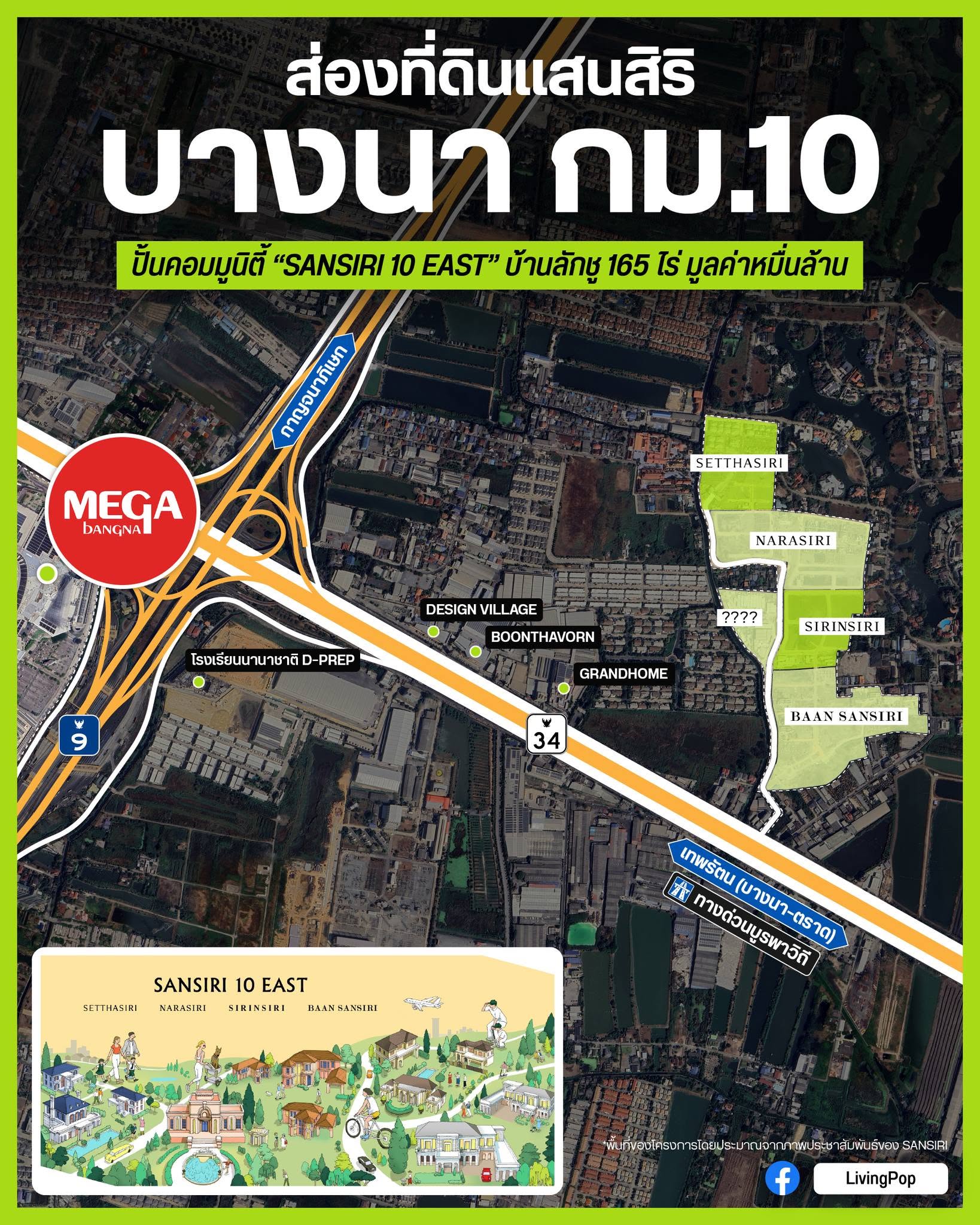 ส่องที่ดินแสนสิริ บางนา กม.10 คอมมูนิตี้ Sansiri 10 East บ้านหรู 165 ไร่ เยื้อง Mega บางนา ติดถนนบางนา-ตราด