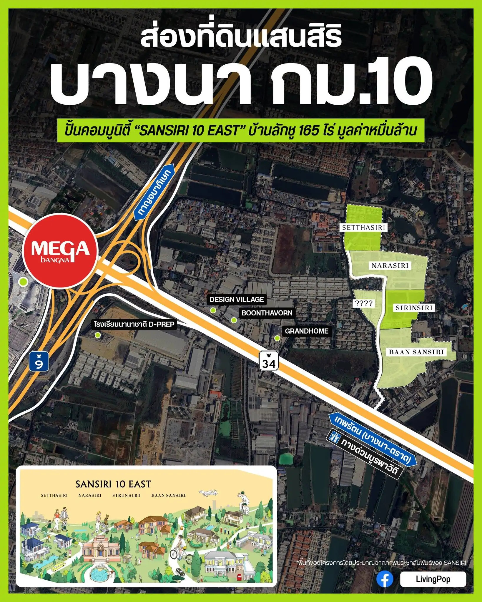 ส่องที่ดินแสนสิริ บางนา กม.10 คอมมูนิตี้ Sansiri 10 East บ้านหรู 165 ไร่ เยื้อง Mega บางนา ติดถนนบางนา-ตราด