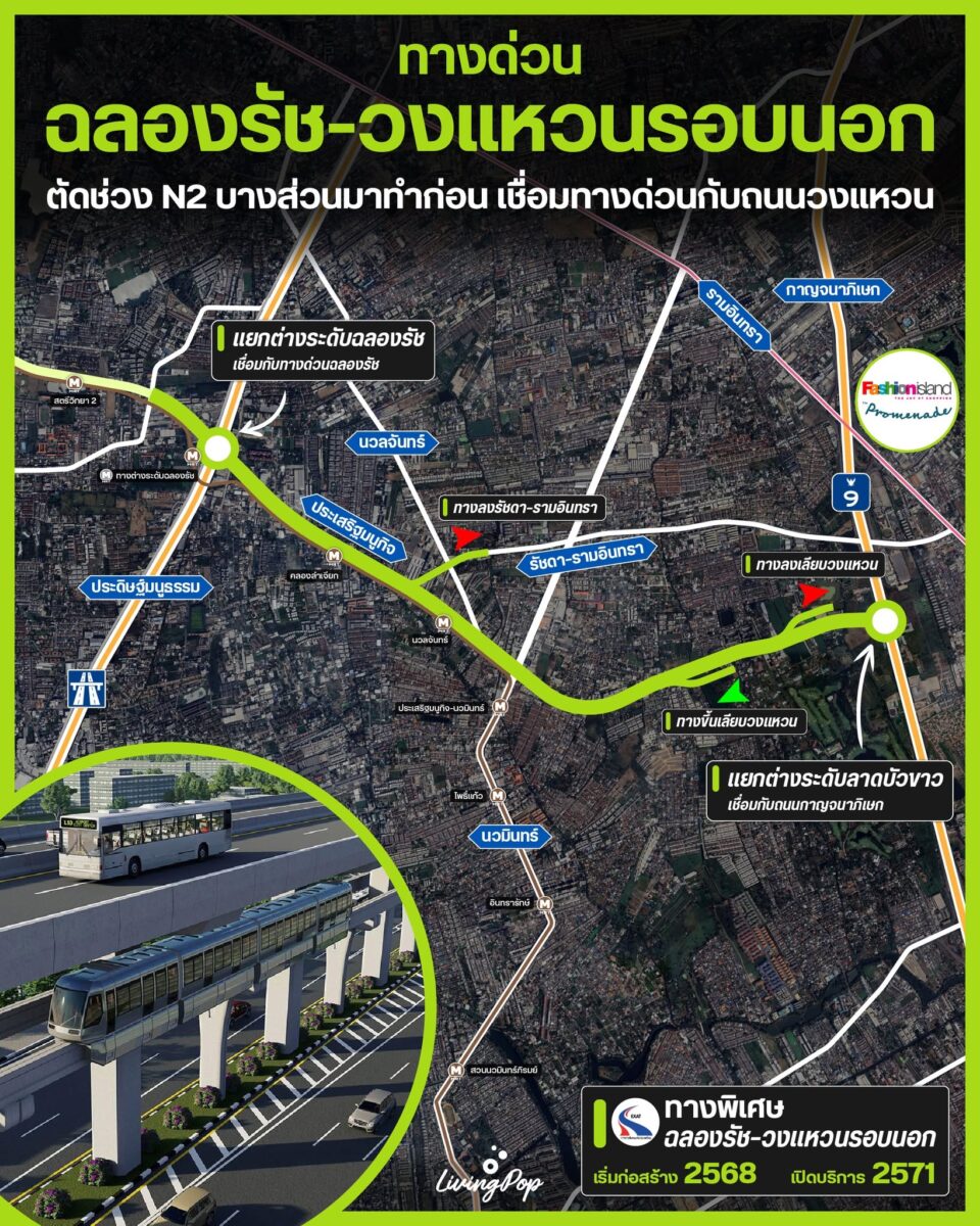 ทางด่วนฉลองรัช-วงแหวนรอบนอก ตัดช่วง N2 บางส่วนมาทำก่อน เชื่อมทางด่วนกับถนนวงแหวน เริ่มก่อสร้าง 2568 เปิดบริการ 2571