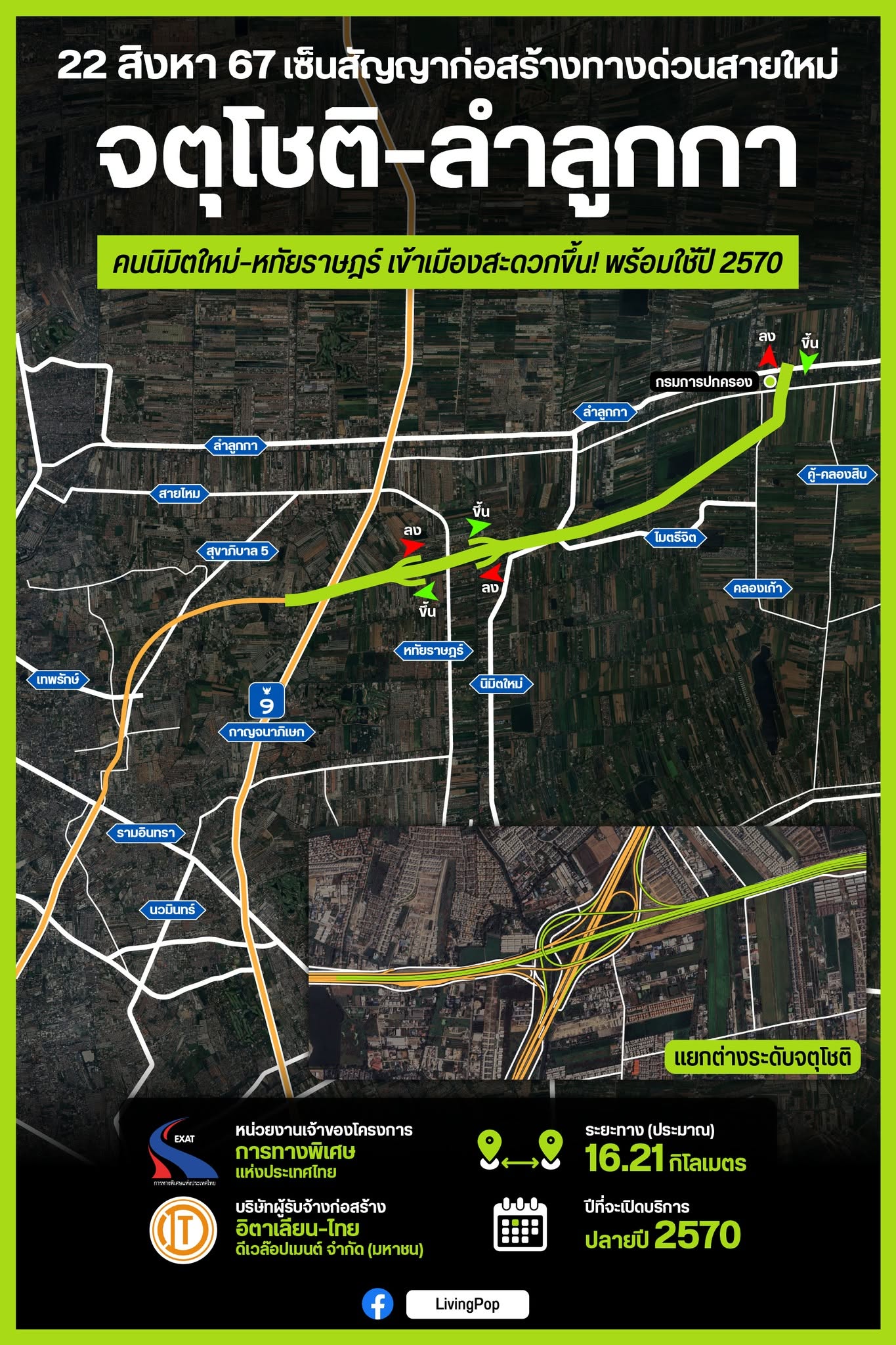 แผนที่แนวทางด่วนฉลองรัชส่วนต่อขยาย จตุโชติ-ลำลูกกา ระยะทาง 16.21 กม.
