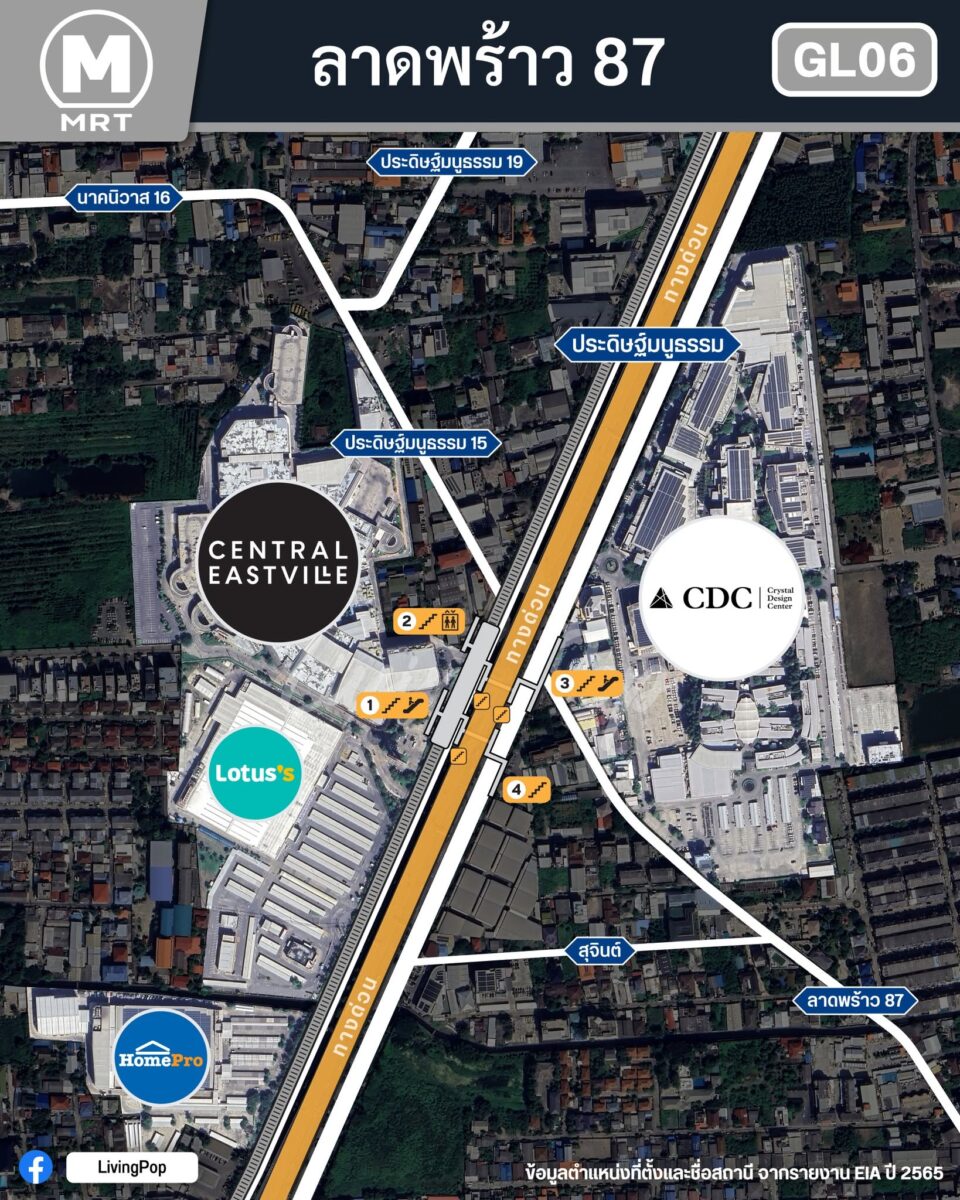 รถไฟฟ้าสายสีเทา สถานีลาดพร้าว 87 (GL06) หน้าเซ็นทรัลอีสต์วิลล์ ข้อมูลตำแหน่งสถานีจากรายงาน EIA ปี 2565