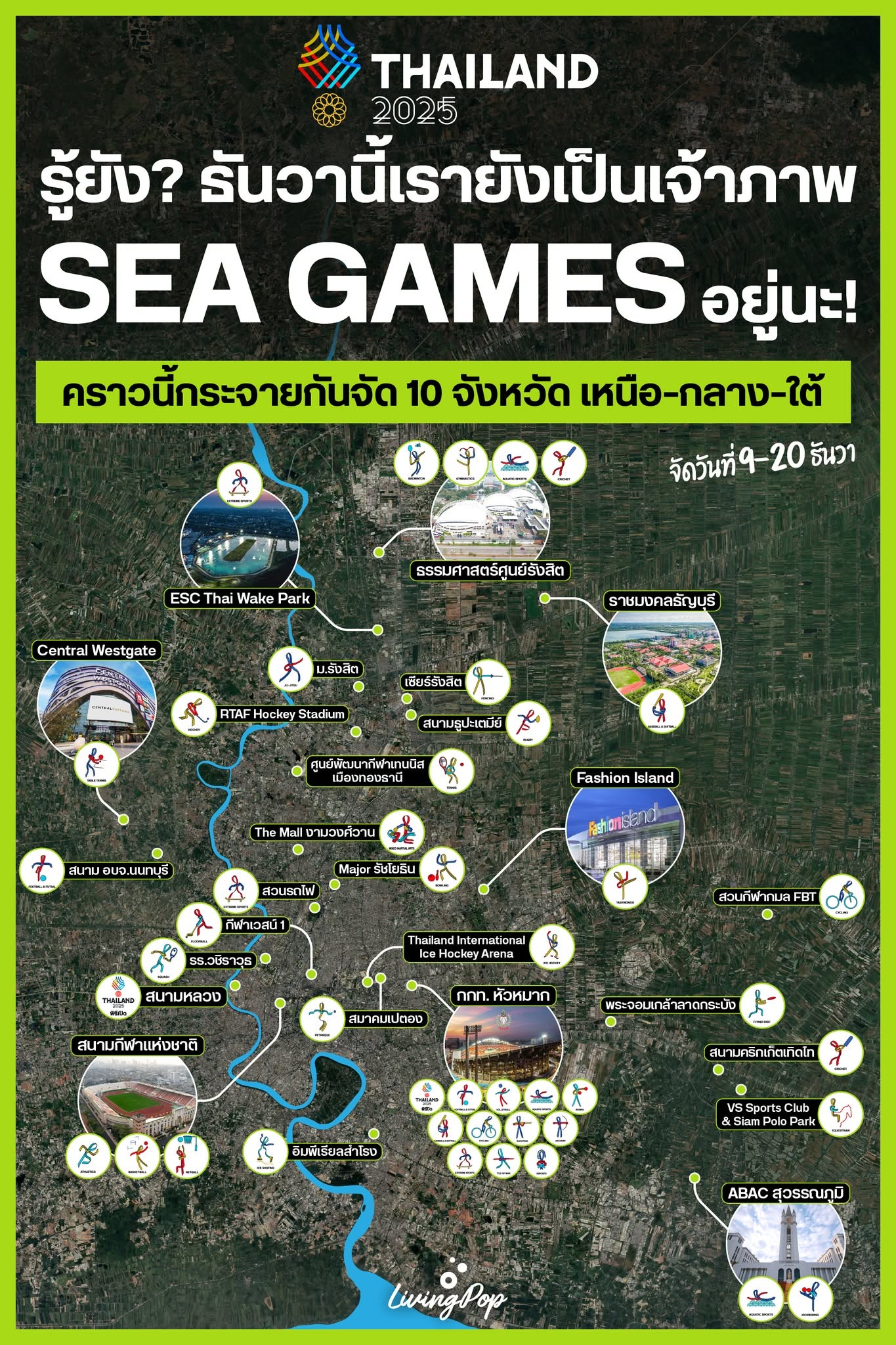 รู้ยัง ธันวานี้เรายังเป็นเจ้าภาพ SEA GAMES อยู่นะ THAILAND 2025 ครั้งนี้กระจายจัด 10 จังหวัด เหนือ กลาง ใต้ แผนที่สนามแข่งขันกรุงเทพฯ และปริมณฑล
