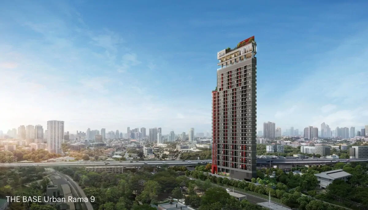 ภาพจำลองอาคาร The Base Urban พระราม 9 โทนสีเทาตัดสีแดง สูง 28 ชั้น