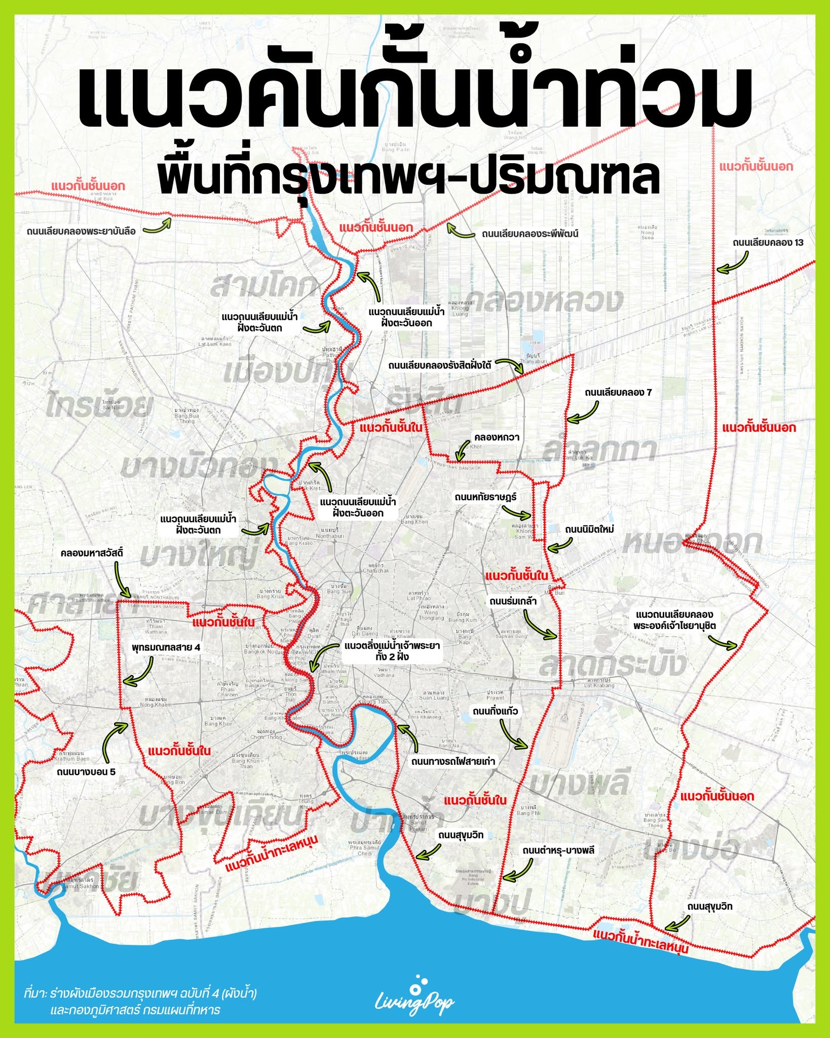 แผนที่แนวคันกั้นน้ำท่วมพื้นที่กรุงเทพฯ-ปริมณฑล แนวกั้นชั้นนอก แนวกั้นชั้นใน แนวเขื่อนริมแม่น้ำเจ้าพระยา และแนวกั้นน้ำทะเลหนุน