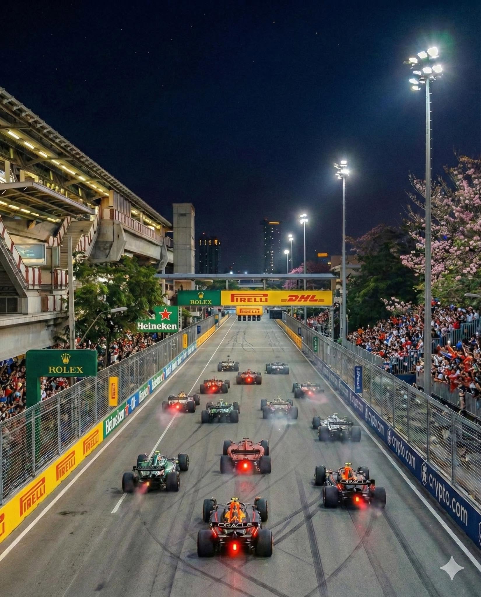 ภาพจำลองบรรยากาศการแข่งขัน F1 บนถนนรอบสวนจตุจักร ใกล้สถานีรถไฟฟ้า ตอนกลางคืน (ภาพจาก Gemini AI)