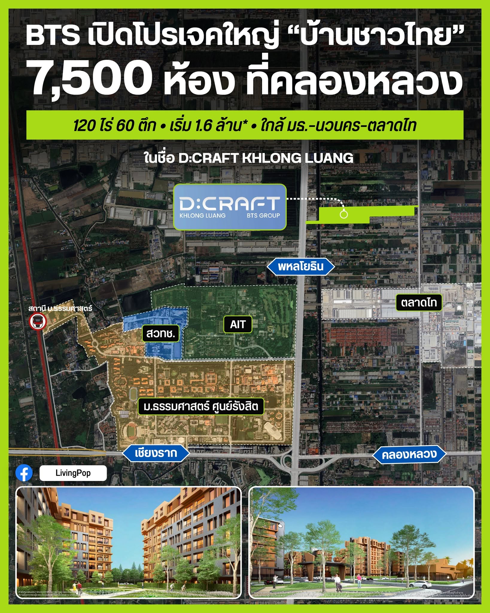 BTS เปิดโปรเจกต์ใหญ่บ้านชาวไทย 7,500 ห้องที่คลองหลวง ในชื่อ D:CRAFT Khlong Luang 120 ไร่ 60 ตึก เริ่ม 1.6 ล้าน ใกล้ มธ. นวนคร ตลาดไท