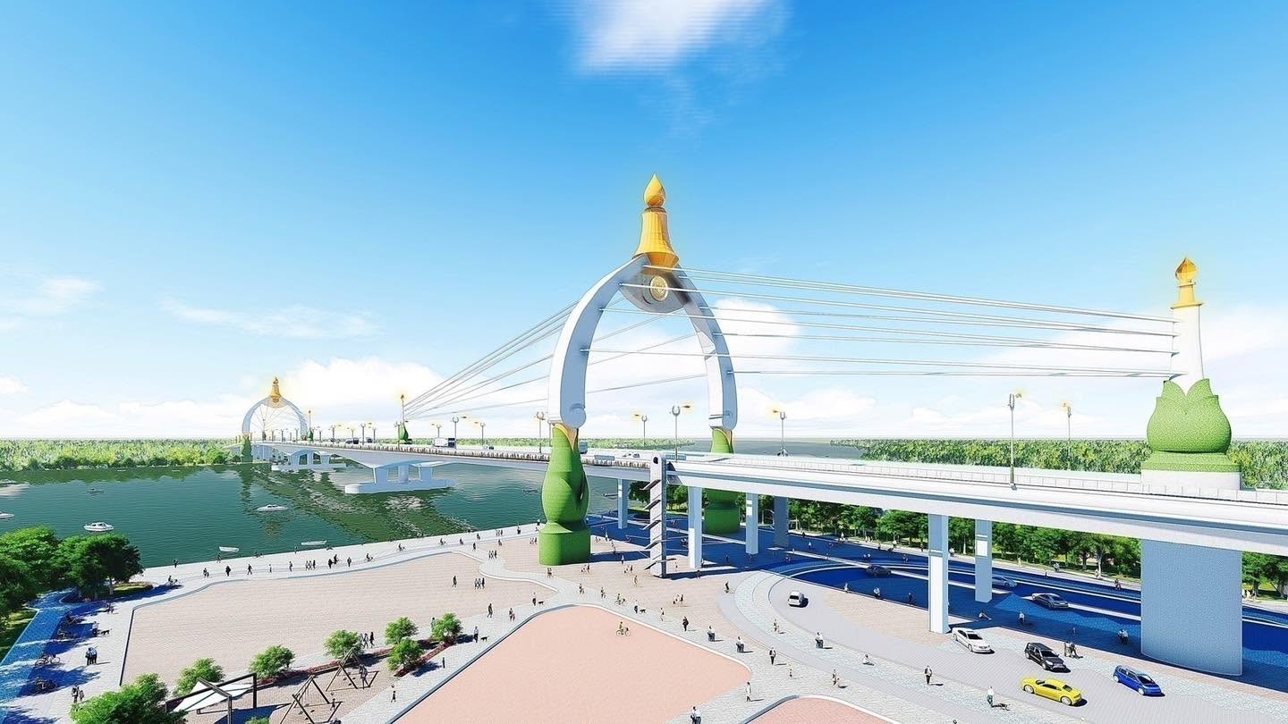 ภาพจำลองสะพานสามโคก สะพานข้ามแม่น้ำเจ้าพระยา ซุ้มโค้งรูปดอกบัว สัญลักษณ์จังหวัดปทุมธานี พร้อมลานสาธารณะริมน้ำ