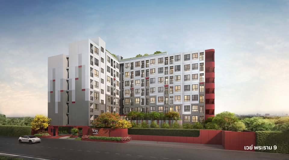 ภาพอาคาร Vay พระราม 9 คอนโด Low-rise 8 ชั้น สีขาว เทา และ Dusky Red