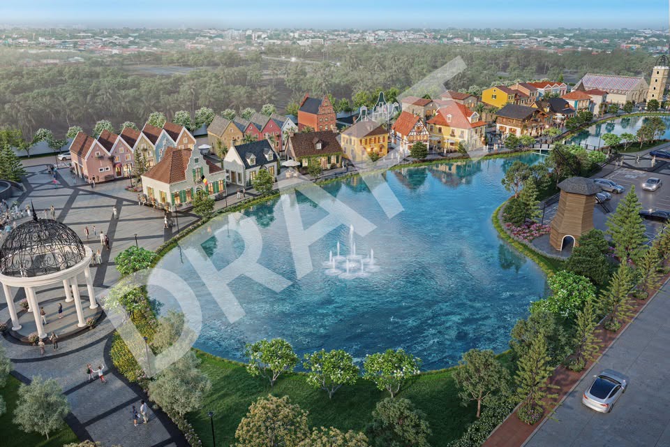 ภาพจำลองมุมสูง Supalai Euro Village Hua Hin อาคารสไตล์ยุโรปล้อมรอบทะเลสาบ