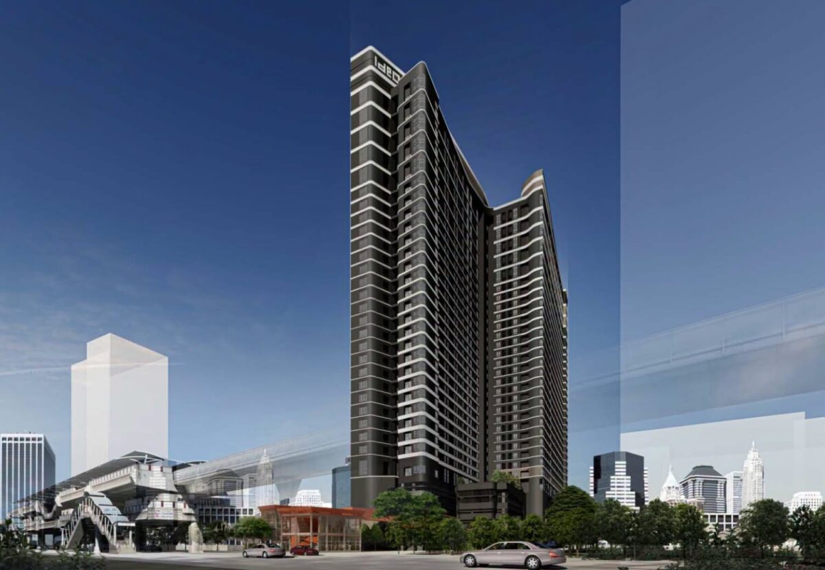 ภาพจำลองอาคาร IDEO MERGE สะพานควาย ตามรูปแบบที่ผ่าน EIA ปี 2020 ตึกเดียว 32 ชั้น ติด BTS สะพานควาย