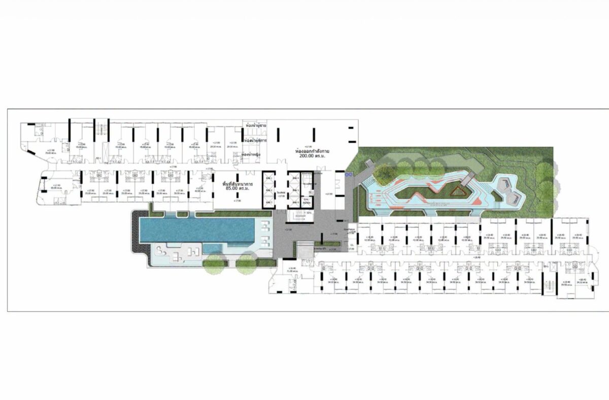 ผังชั้นส่วนกลาง IDEO MERGE สะพานควาย ตามเอกสาร EIA ปี 2020 มีสระว่ายน้ำ Lap Pool และ Lazy River