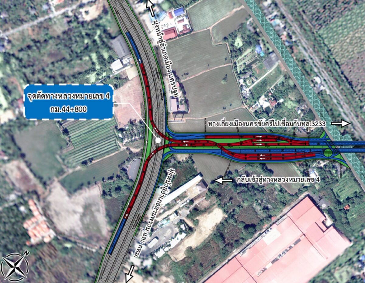 ผังทางแยกต่างระดับจุดตัดทางหลวงหมายเลข 4 (เพชรเกษม) กม.44+800 กับทางเลี่ยงเมืองนครชัยศรีไปเชื่อมกับ ทล.3233