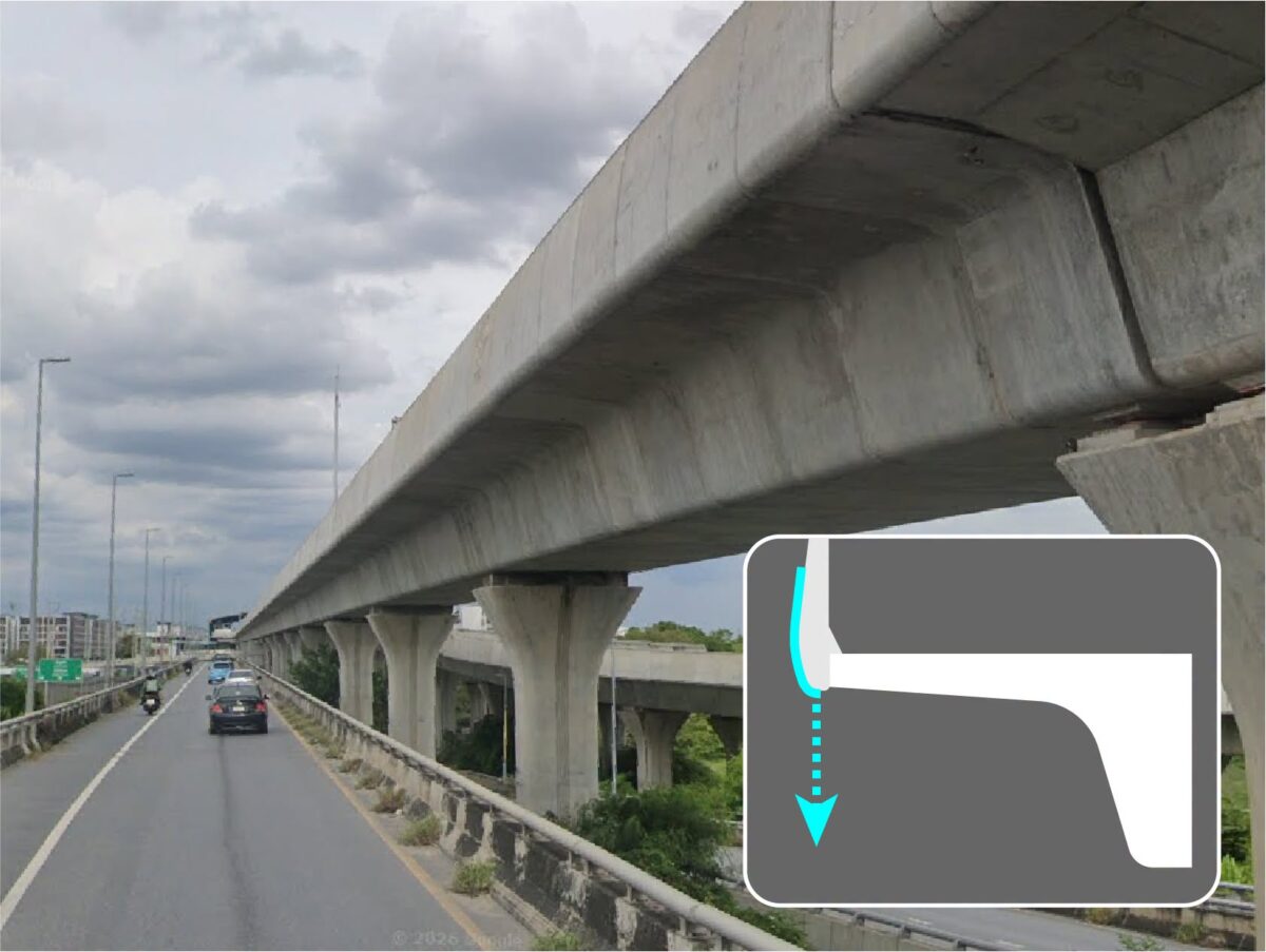 ทางวิ่ง BTS ส่วนต่อขยายยุคหลังใช้แผ่นราวกันตกที่ปลายยื่นต่ำกว่าปีกสะพาน บังคับให้น้ำหยดที่ขอบแผ่นราวกันตก
