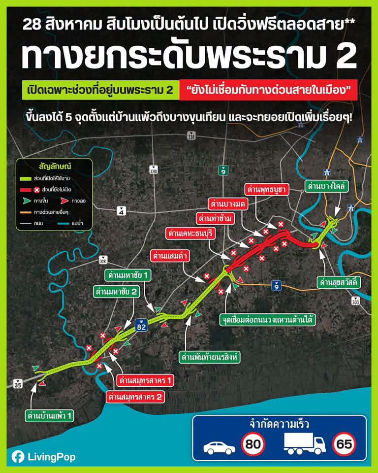 28 สิงหาคม เปิดวิ่งฟรีตลอดสาย ทางยกระดับพระราม 2 จำกัดความเร็วช่วงทดลอง