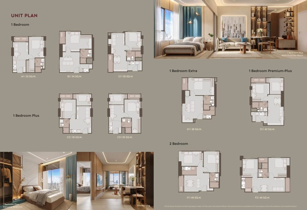 ASPIRE สาทร-ตากสิน พรีว่า แปลนห้อง 1 Bedroom และ 1 Bedroom Plus