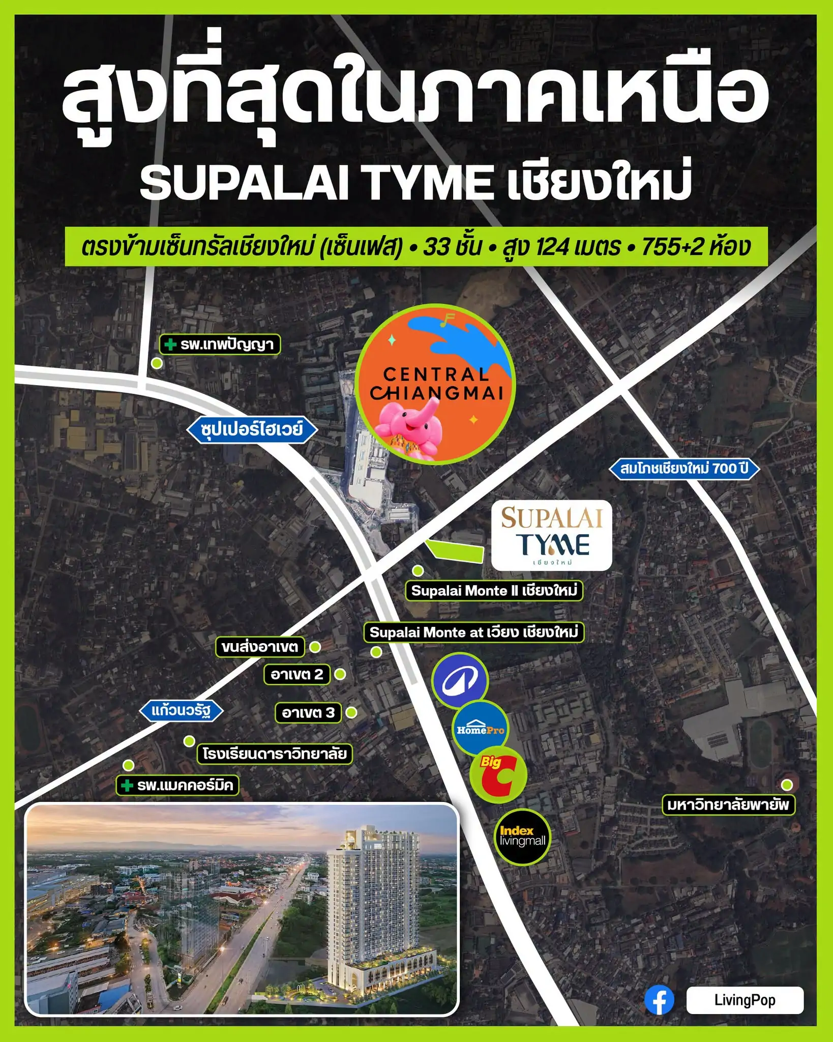 สูงที่สุดในภาคเหนือ SUPALAI TYME เชียงใหม่ ตรงข้ามเซ็นทรัลเฟสติวัล เชียงใหม่ 33 ชั้น 124 เมตร 755 ห้อง