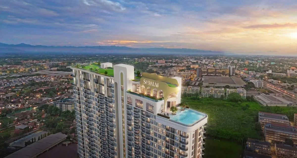 ภาพจำลองสระว่ายน้ำบนชั้น Rooftop ของ Supalai Tyme เชียงใหม่ เห็นวิวเมืองเชียงใหม่