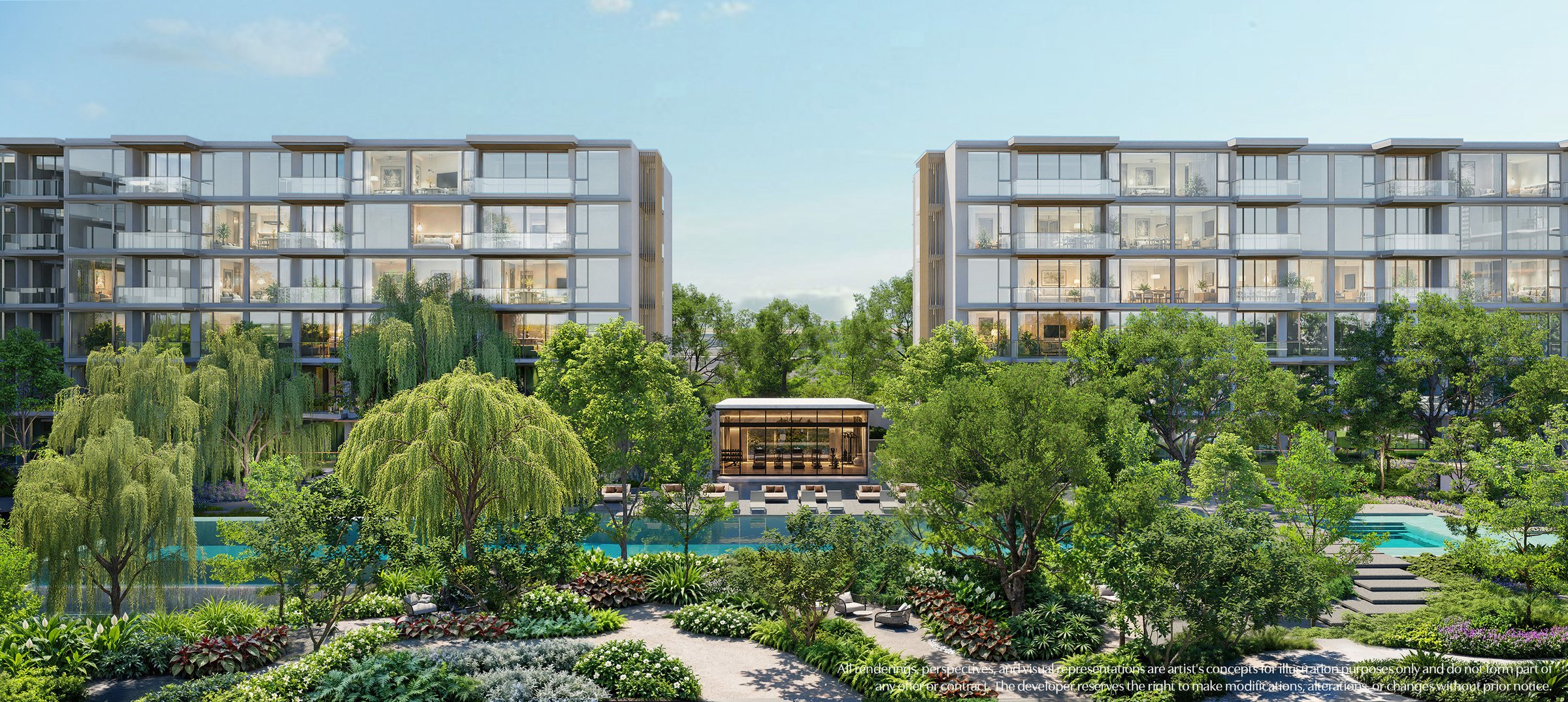 ภาพจำลองอาคารพักอาศัย Low Rise 6 ชั้น โครงการ PURITA Phuket Bangtao ท่ามกลางสวน