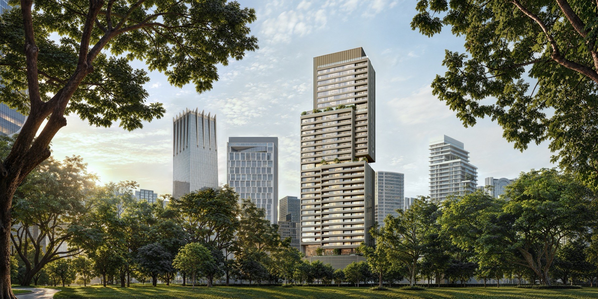 ภาพเรนเดอร์ Rosewood Residences Bangkok อาคารสูงริมถนนพระราม 4 มองจากสวน